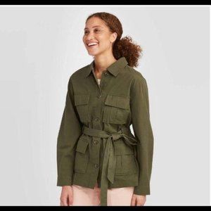 Military Green Long Sleeve Trucker Jacket Tie Belt